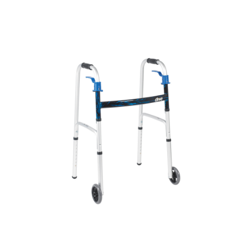f UNIVERSAL (ADULT/JUNIOR) FOLDING WALKER, TWO BUTTON WITH 5" WHEELS - Image 1